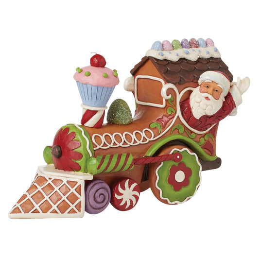 Enesco Jim Shore Heartwood Creek Gingerbread Christmas Santa in Train - Figura de Motor de Resina de Piedra Pintada a Mano Coleccionable, Cifras de Papá Noel, Estatua de Navidad para decoración del