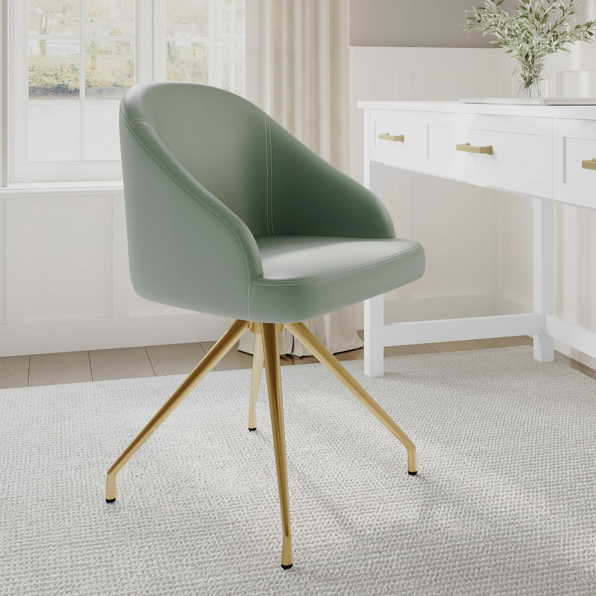 Martha Stewart Sora - Silla de Trabajo giratoria con Brazos Inclinados para Oficina en casa en Piel sintética Salvia con Marco de latón Pulido
