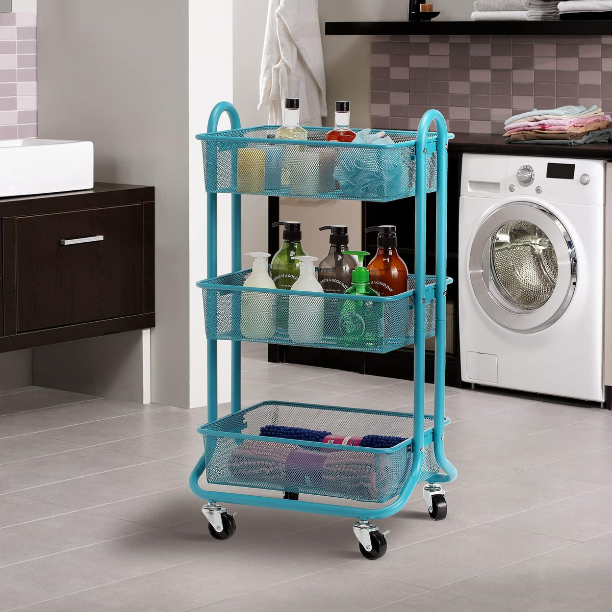 DESIGNA Metal Utility Cart, 3 Tier Mesh Rolling Storage Cart with Handle and Lockable Wheels,Easy Assembly Craft Carts for Kitchen,Bathroom,Office,Turquoise