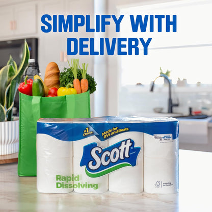 Scott Papel higiénico de disolución rápida, 12 rollos dobles, apto para sépticos, papel higiénico