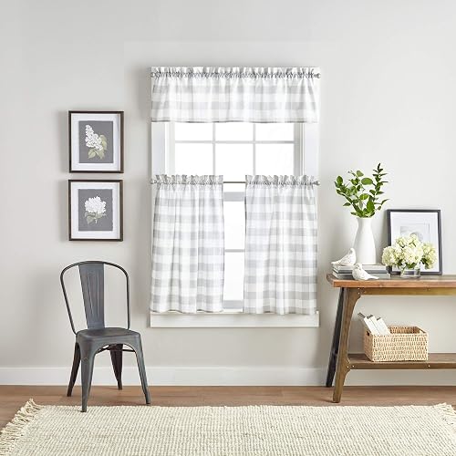 Curtain Works Country - Cortinas rústicas Modernas para Cocina, diseño de búfalo a Cuadros y Cenefa de café, Juego de 3 Piezas, 36 Pulgadas, Color Gris Blanco