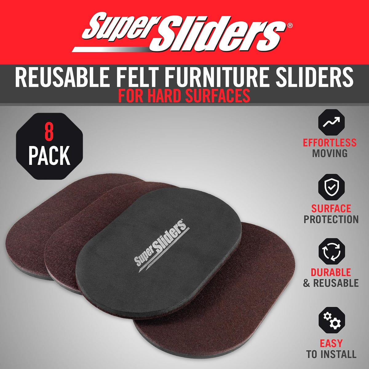 Super Sliders - Deslizadores ovalados de muebles reutilizables de 5 3/4 pulgadas x 9 1/2 pulgadas para superficies duras, movimiento sin esfuerzo y protección de superficie, café (paquete de 8)