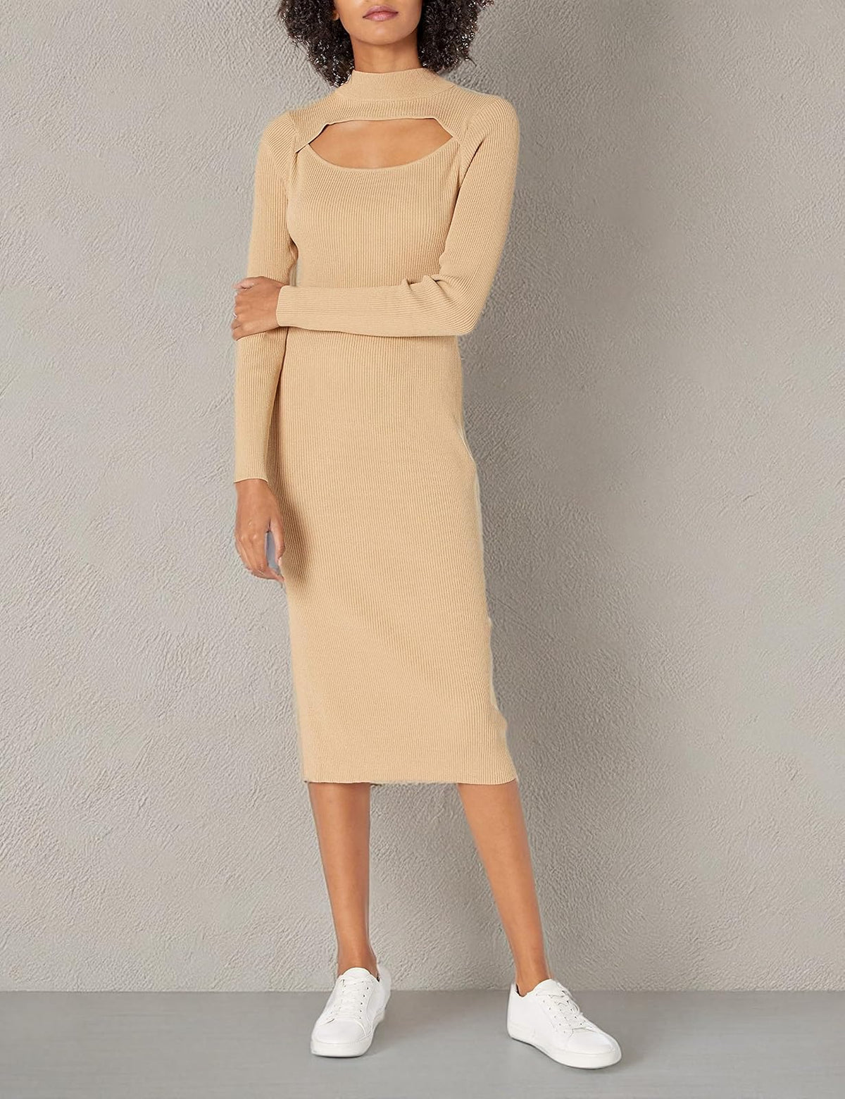 The Drop Chantal Vestido Midi Para Mujer, Entallado y Acanalado Estilo Bodycon con Detalle Recortado