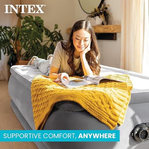 Intex 64411ED Comfort colchón de Aire Elevado de Felpa Dura-Beam con Bomba eléctrica Interna, Altura de la Cama de 18 Pulgadas, Doble