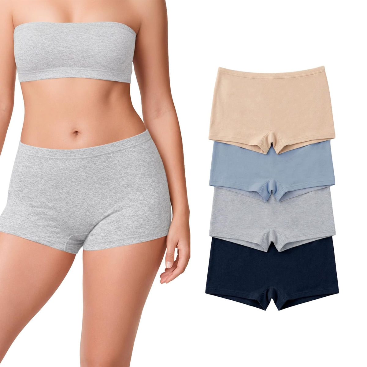 BodyControl Pack de Calzones Tipo Boxer para Mujer - M - NUDE - GRIS - MARINO - AZUL - SET 4