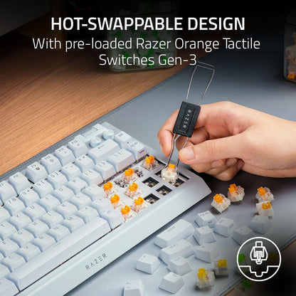 Razer V4 75% - Teclado mecánico Gaming Chroma RGB White Edition | Diseño intercambiable en caliente, compacto y duradero, Chroma RGB, MF Roller & Media Keys, cómodo reposamuñecas