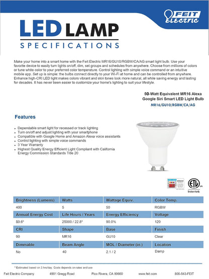 Feit Electric - foco LED RGBW equivalente a 50 W, Alexa Google Siri Smart RGBW, color blanco
