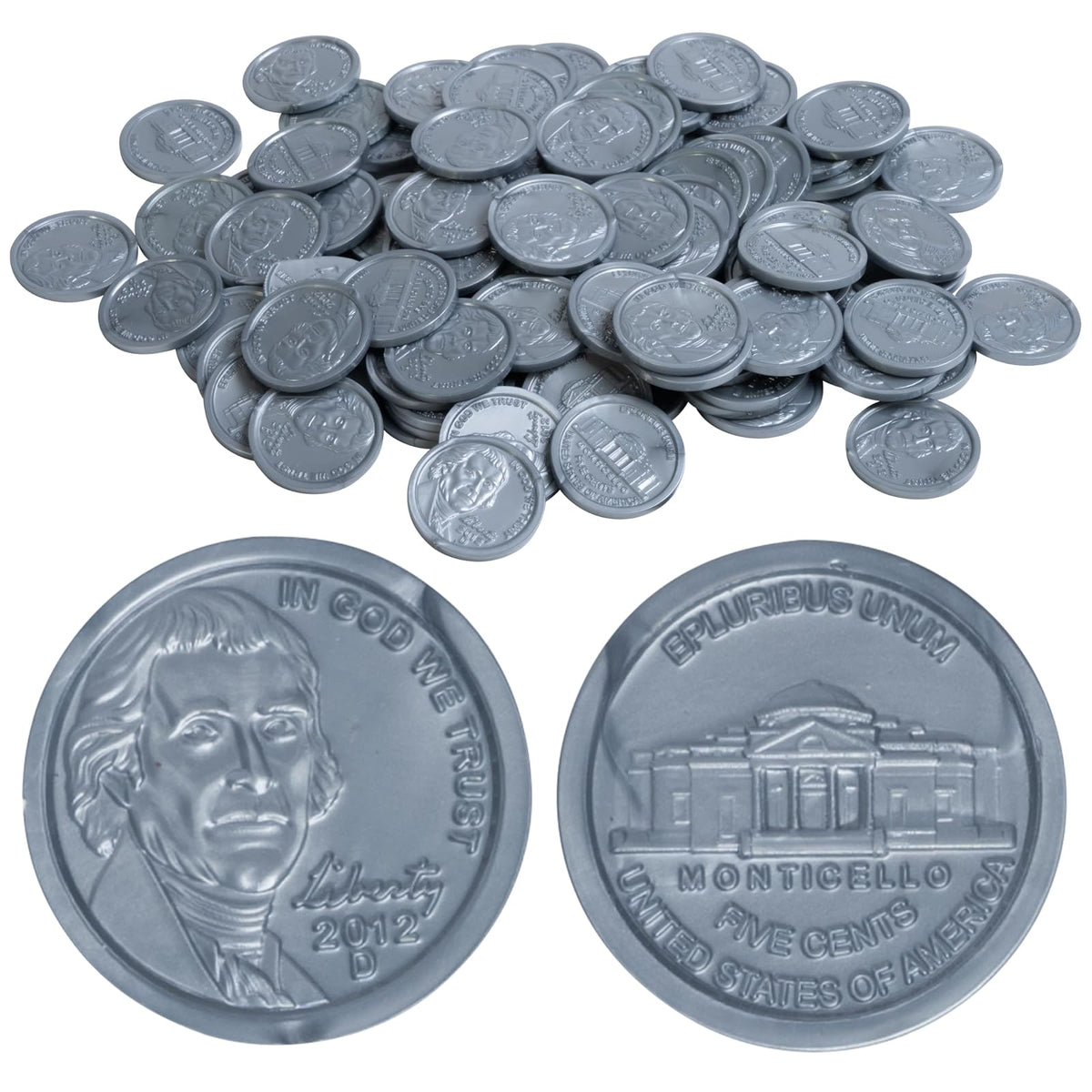 LEARNING ADVANTAGE -7522 Play Nickels - Juego de 100 monedas de plástico - Diseñado y dimensionado como moneda real de Estados Unidos - Enseña dinero matemáticas con este recurso de juego de simulación - Níqueles
