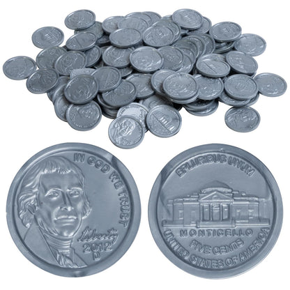 LEARNING ADVANTAGE -7522 Play Nickels - Juego de 100 monedas de plástico - Diseñado y dimensionado como moneda real de Estados Unidos - Enseña dinero matemáticas con este recurso de juego de simulación - Níqueles