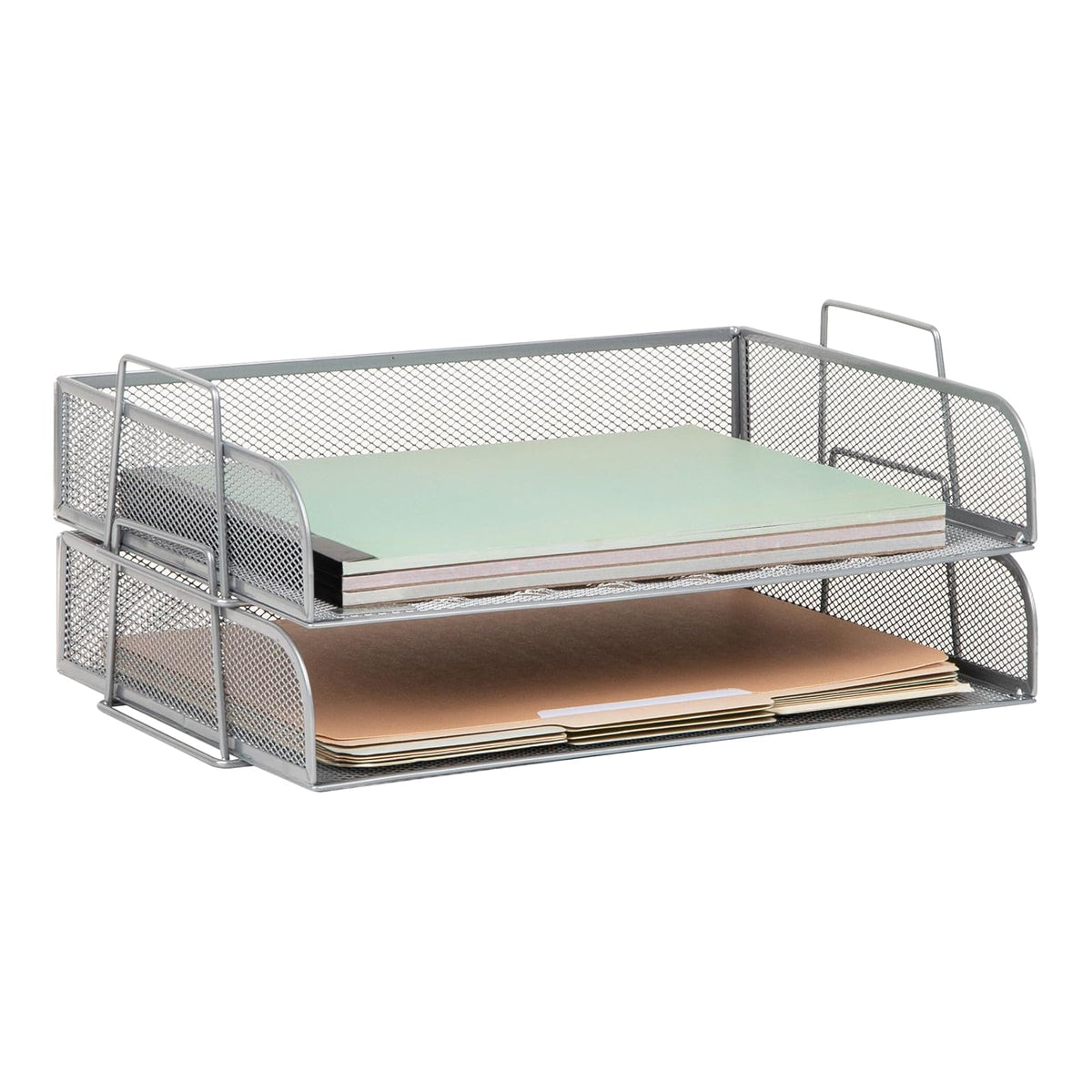 Betesh Mind Reader Stackable Paper Tray, Desktop Organizer, File Storage, Office, Metal Mesh, 14" L x 9.75" W x 6" H, 2 Pcs., Silver