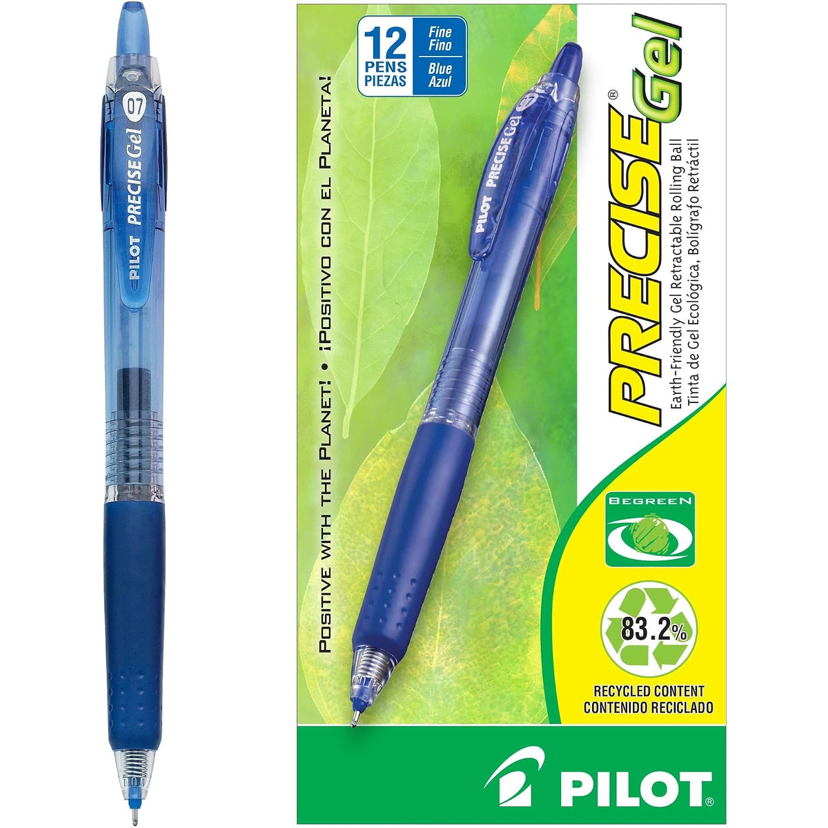 Pilot Precise Gel Rt, Bolígrafo Retráctil, Tinta Gel Azul, Fino 0.7 mm, Usa Repuesto, Doce Piezas (15002)