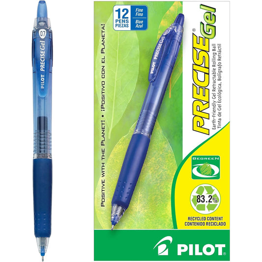 Pilot Precise Gel Rt, Bolígrafo Retráctil, Tinta Gel Azul, Fino 0.7 mm, Usa Repuesto, Doce Piezas (15002)