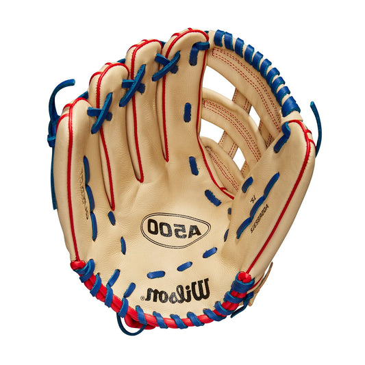 WILSON A500 - Guante de béisbol Juvenil de 12 Pulgadas, Manta para Mano Derecha, Rubio/Rojo/Real