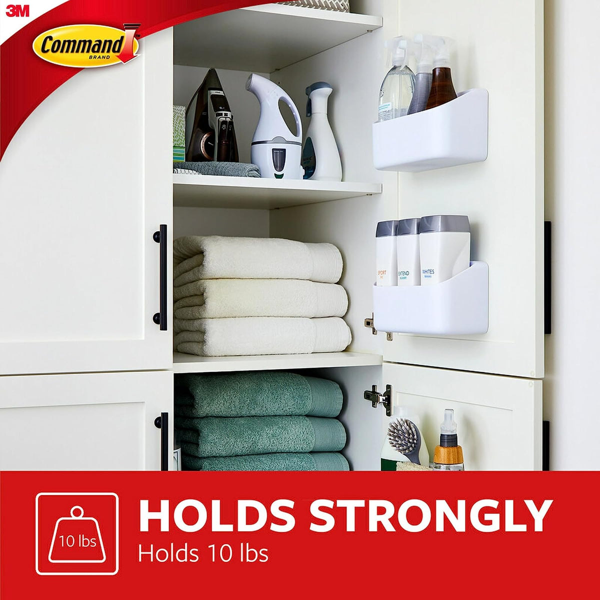 Command Organizador grande de 10 libras con 4 tiras de comando, 10 x 3.4 x 5.1 pulgadas, pesado sin daños para organizar suministros de limpieza, clóset y despensa, blanco