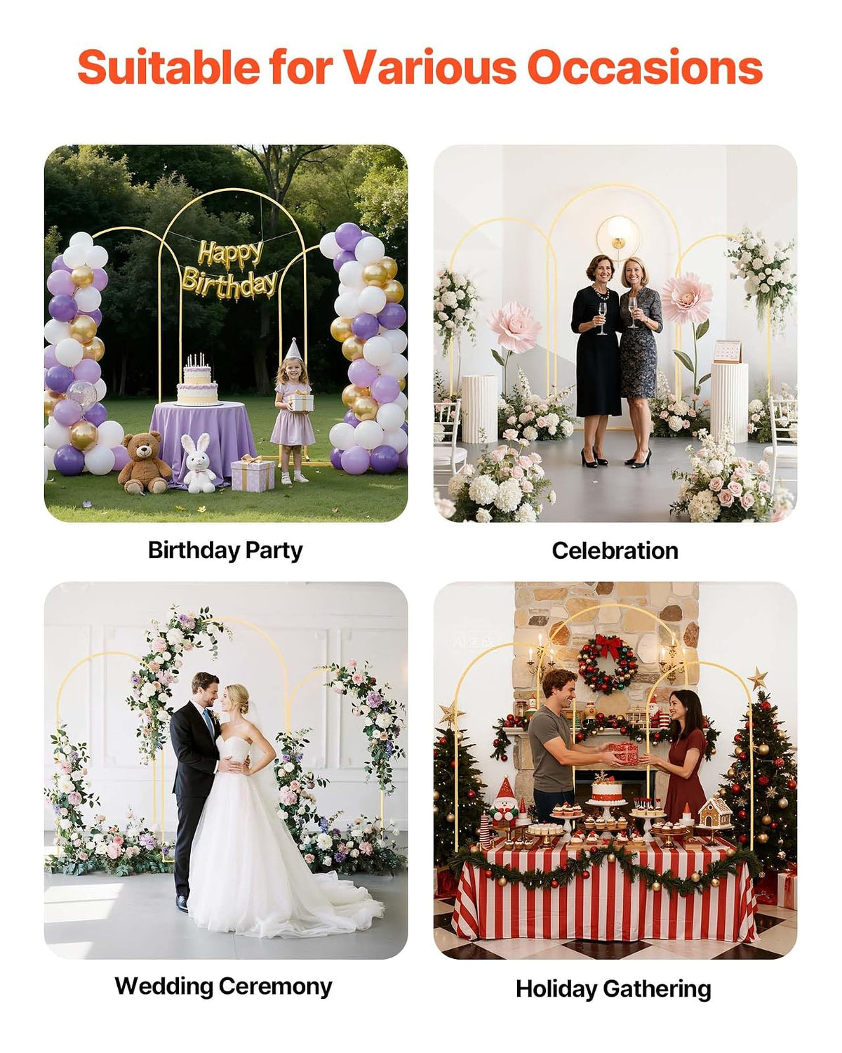 VEVOR Soporte de Arco Dorado, Juego de 3 uds de 2,2 x 1,2 m/2 x 1 m/1,8 x 0,8 m, Estructura Estable, para Fondo de Bodas, Cumpleaños, Graduaciones, Fiestas y Decoración de Ceremonias, Semicircular