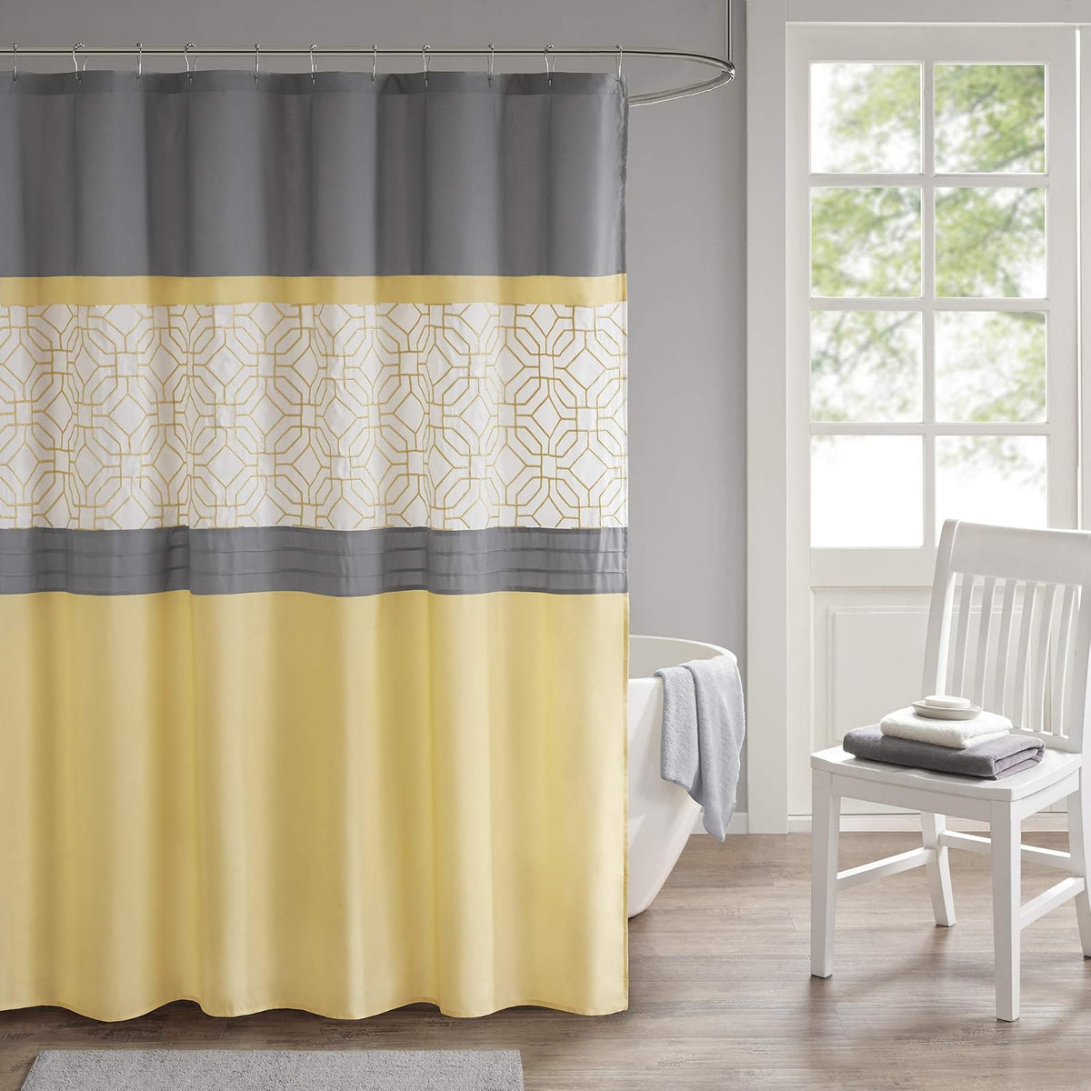 Donnell bordadas y cortina de ducha con forro, Amarillo/Gris, 72x72"