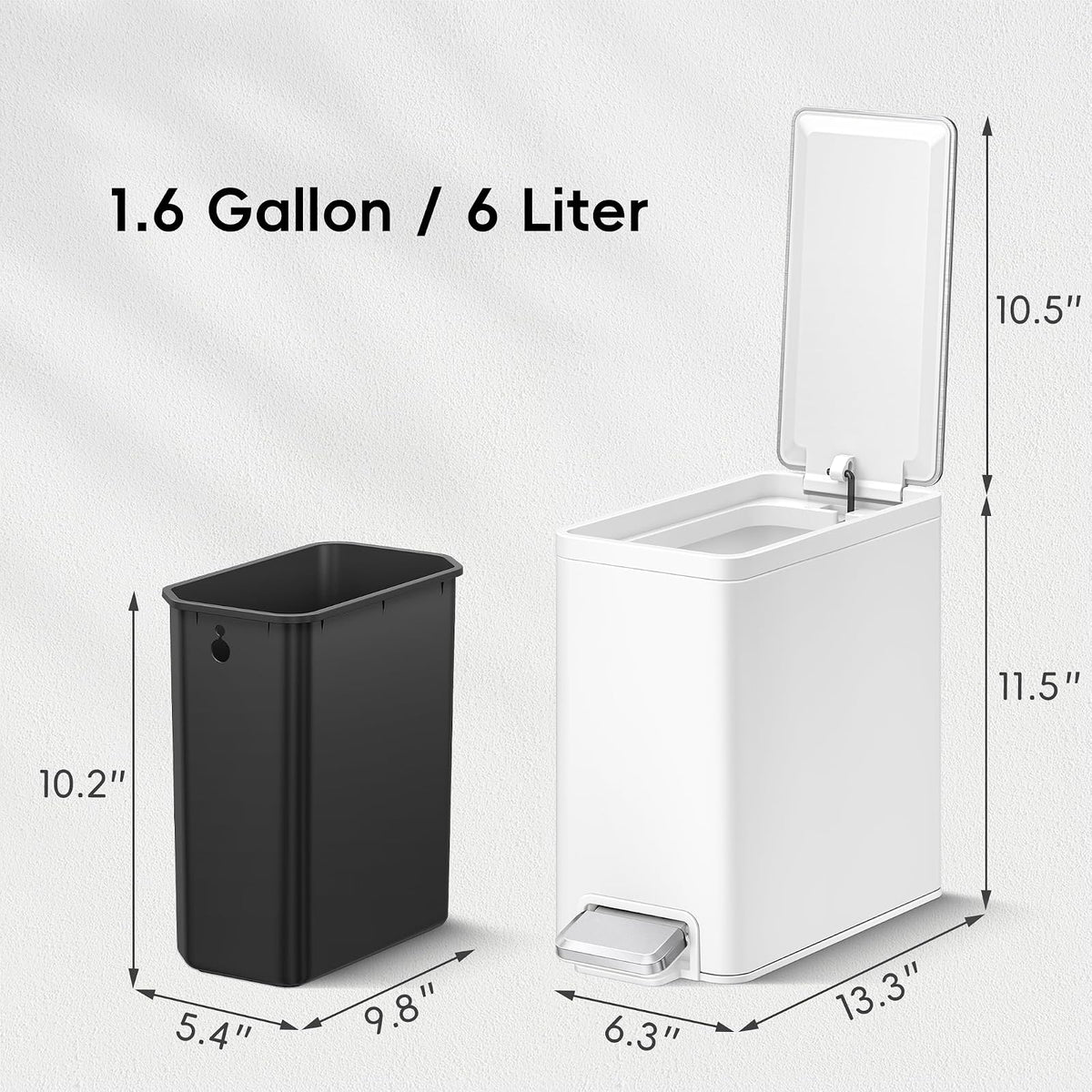EKO - Cubeta de basura pequeña y delgada para baño con tapa, de acero inoxidable, con cubeta interior extraíble, 6 L / 1.6 Gal, escalonado (blanco)