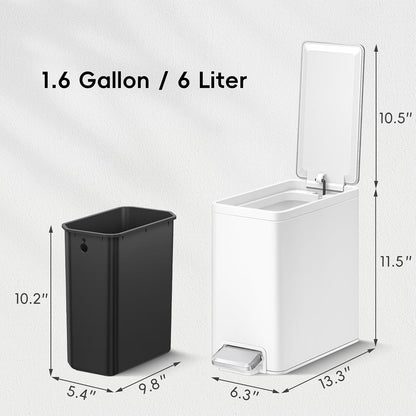 EKO - Cubeta de basura pequeña y delgada para baño con tapa, de acero inoxidable, con cubeta interior extraíble, 6 L / 1.6 Gal, escalonado (blanco)