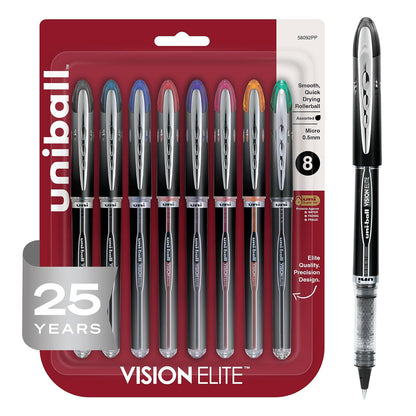 Sanford Uni-Ball Vision Elite Stick Micro Point Rollerball Pens, 0.5mm, 8 Colored Ink Pens (58092PP)