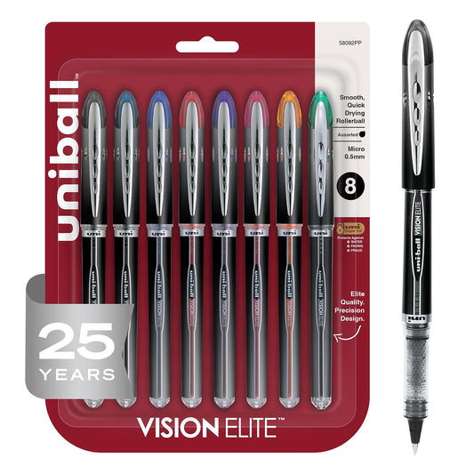 Sanford Uni-Ball Vision Elite Stick Micro Point Rollerball Pens, 0.5mm, 8 Colored Ink Pens (58092PP)