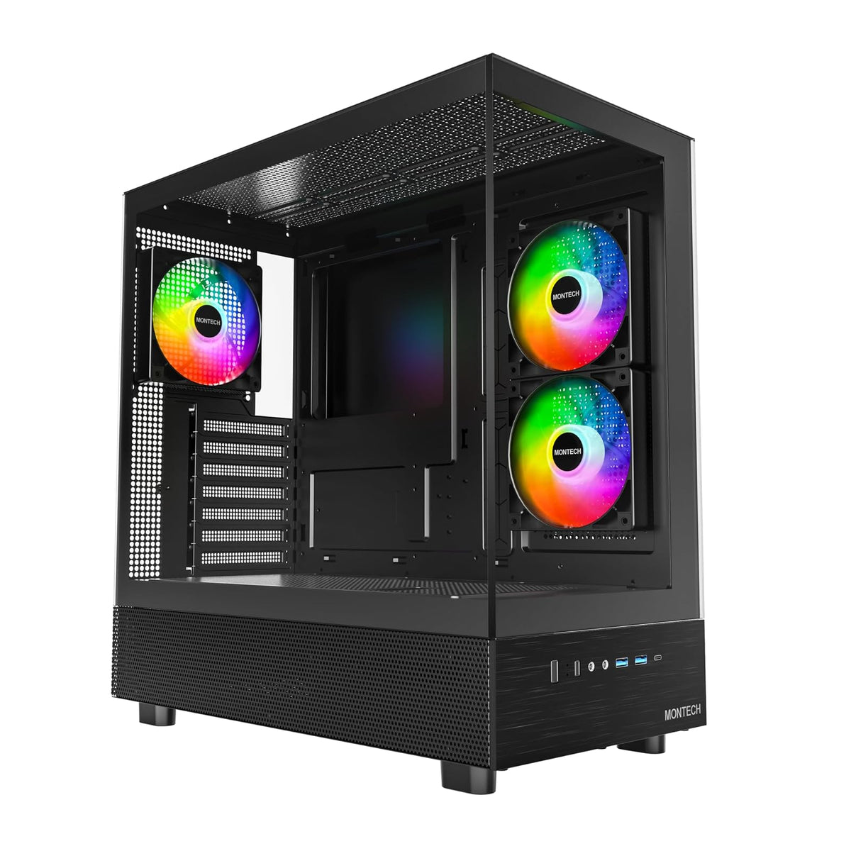 MONTECH XR, ATX Estuche para Juegos de PC de Torre Media, 3 Ventiladores ARGB PWM de 120 mm preinstalados, Panel de Vidrio Templado Dual de visión Completa, Interfaz de E/S de diseño de Grano de