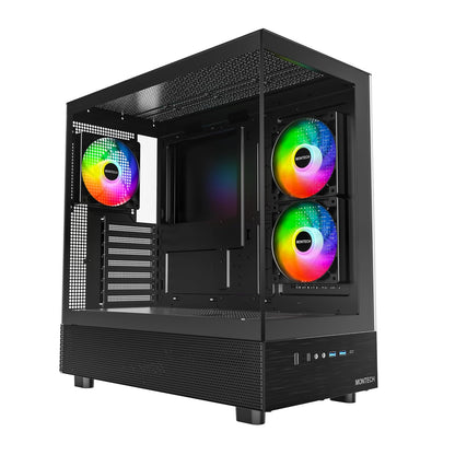 MONTECH XR, ATX Estuche para Juegos de PC de Torre Media, 3 Ventiladores ARGB PWM de 120 mm preinstalados, Panel de Vidrio Templado Dual de visión Completa, Interfaz de E/S de diseño de Grano de