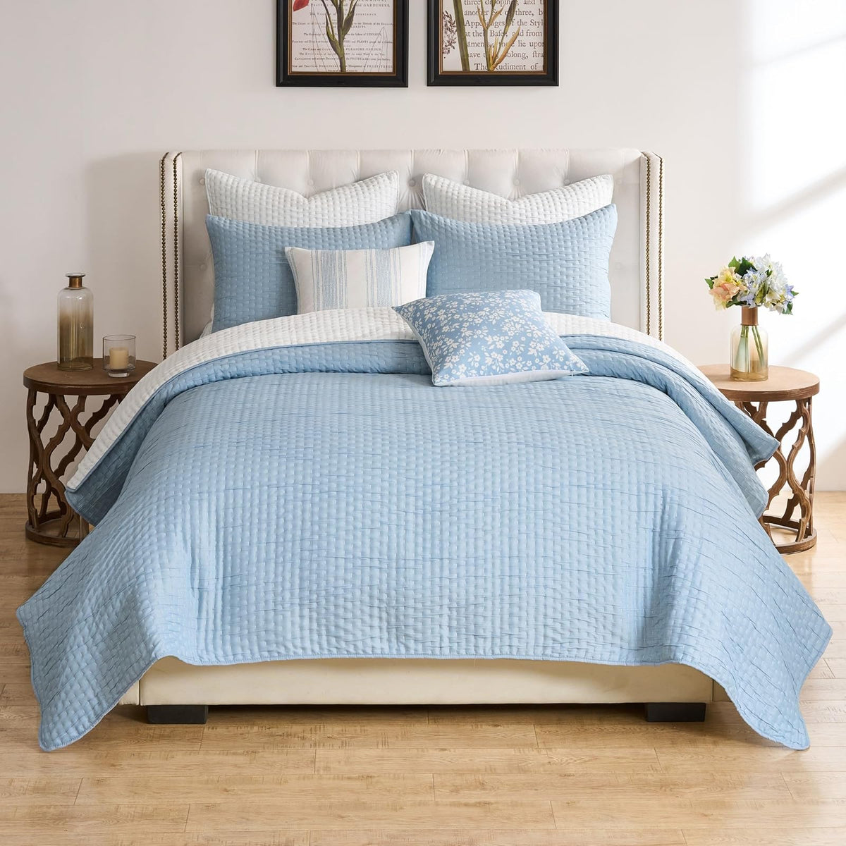 Greenland Home Homestead - Juego de Colcha, Cubrecama Matelassé Tejido, Reversible, 2 Piezas, Tamaño Individual, Azul Cielo