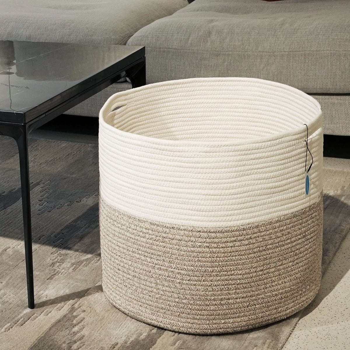 Casaphoria - Canastas grandes de almacenamiento de cuerda de algodón con asas para organizar, cestas redondas tejidas para almohadas, cuerda de algodón tejida alta para lavandería, recámara, baño,