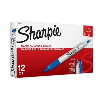 Sharpie Marcadores permanentes de doble punta, Punta gemela, Azul, 12-Count