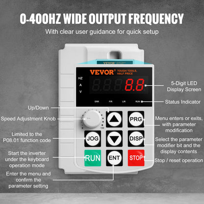 VEVOR Variador de Frecuencia 7,5 kW, Convertidor de Frecuencia 10 HP 34 A 0-400 Hz VFD con Entrada Monofásica, Salida Trifásica, Control de Velocidad, Enfriamiento Rápido, para Motores de Máquinas