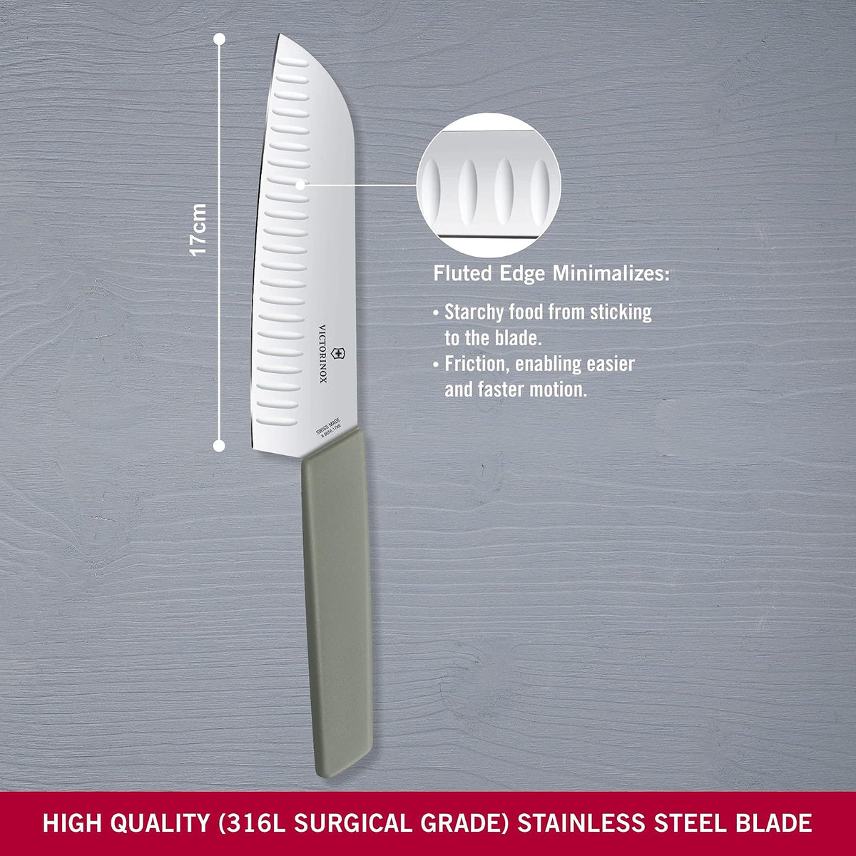 Victorinox 6.9056.17K6B Cuchillo Santoku Con Alveolos, 17 Cm, Madera, Gris