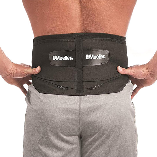 MUELLER Sports Medicine - Soporte lumbar ajustable para la espalda, alivio del dolor de espalda baja y cinturón de apoyo para hombres y mujeres, color negro, talla única