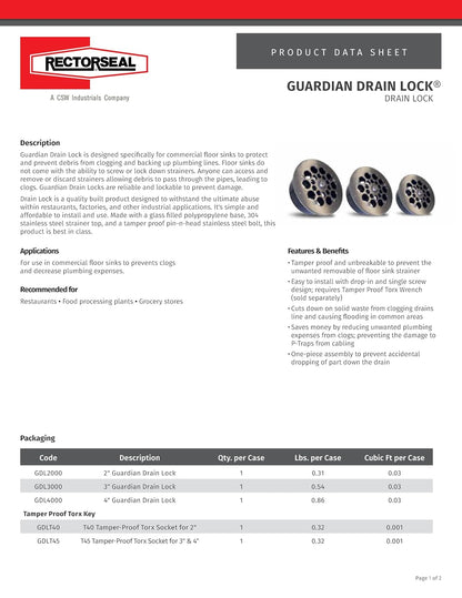 RectorSeal Guardian Drain Lock GDL3000 - Drenaje para fregadero de piso, diseño innovador para restaurantes, fábricas y otros usos comerciales, redondo de 3 pulgadas, fontanería
