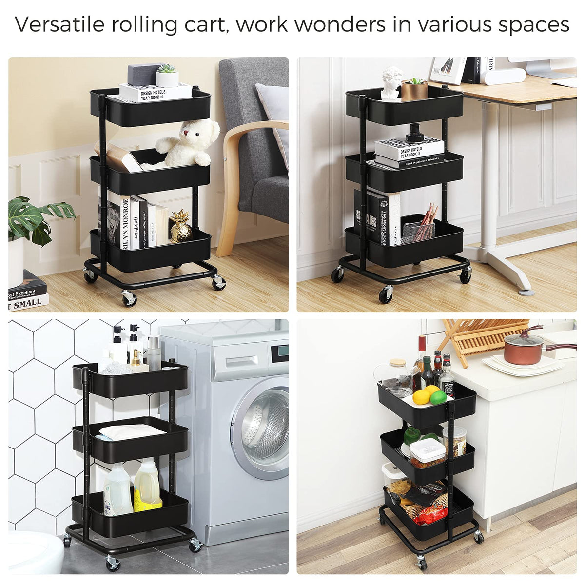 SONGMICS UBSC60B - Carrito de Metal de 3 Niveles, Carrito de Cocina con estantes Ajustables, Carrito de Almacenamiento con 2 Frenos, fácil Montaje, para Cocina, Oficina, baño, Color Negro