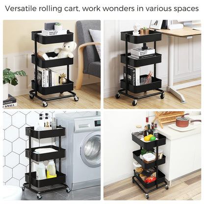 SONGMICS UBSC60B - Carrito de Metal de 3 Niveles, Carrito de Cocina con estantes Ajustables, Carrito de Almacenamiento con 2 Frenos, fácil Montaje, para Cocina, Oficina, baño, Color Negro