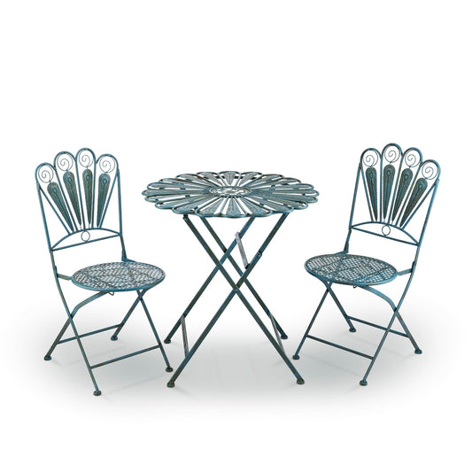 Alpine Corporation Indoor/Outdoor 3-Piece Peacock Feather Rustic Metal Bistro Set Patio Seating, Light Blue
