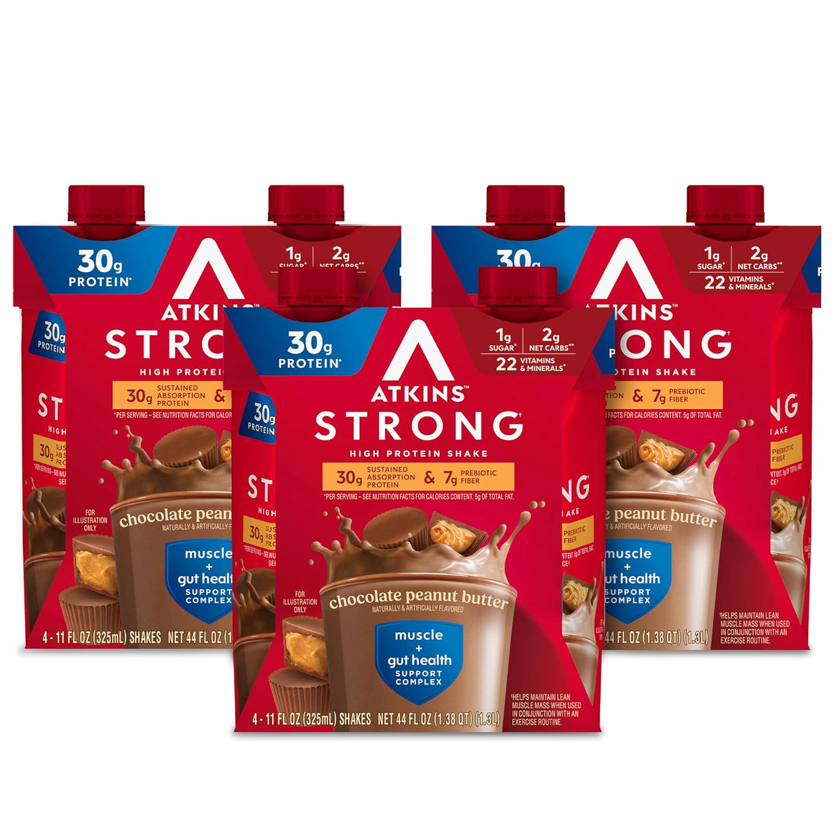 Atkins Strong Shakes Sabor Chocolate con Cacahuate | 30g de Proteína | Bebida RTD | Pack de 12 Piezas (325ml c/u)