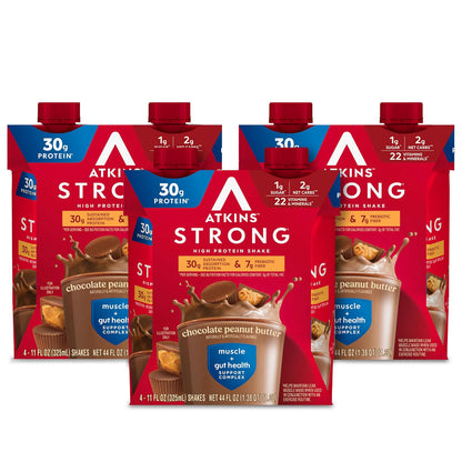 Atkins Strong Shakes Sabor Chocolate con Cacahuate | 30g de Proteína | Bebida RTD | Pack de 12 Piezas (325ml c/u)