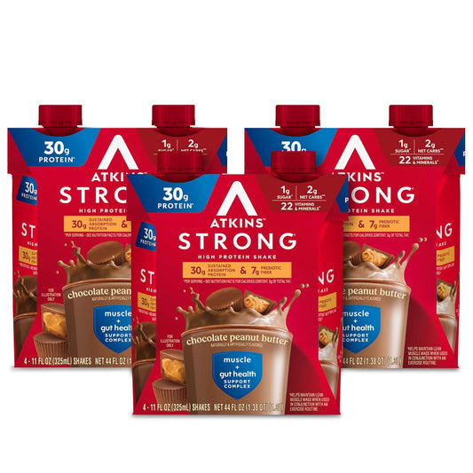 Atkins Strong Shakes Sabor Chocolate con Cacahuate | 30g de Proteína | Bebida RTD | Pack de 12 Piezas (325ml c/u)