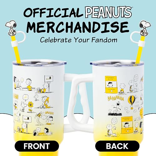 Silver Buffalo Peanuts con Charlie Brown, Snoopy, Woodstock, Lucy, Sally, Linus y más vaso de acero inoxidable con mango y popote, se adapta a portavasos estándar, 40 onzas
