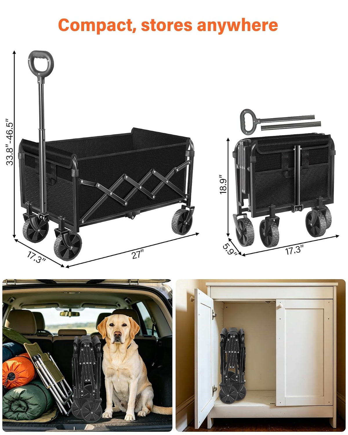 Carro Plegable, Carro Plegable con Ruedas Todo Terreno y 2 portavasos, carros Plegables Ligeros y portátiles para Playa, Camping, comestibles, jardín Deportivo, 360 Libras/Negro