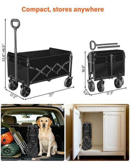 Carro Plegable, Carro Plegable con Ruedas Todo Terreno y 2 portavasos, carros Plegables Ligeros y portátiles para Playa, Camping, comestibles, jardín Deportivo, 360 Libras/Negro