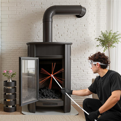 VEVOR Kit de Cepillo Limpieza de Chimenea, 8 m Varilla Flexible de Nylon, 3 Recambios de Cerdas, Guantes, Gafas, Bolsa, Deshollinador Flexible a 90° para Chimeneas Cuadradas, Rectangulares y Arqueadas