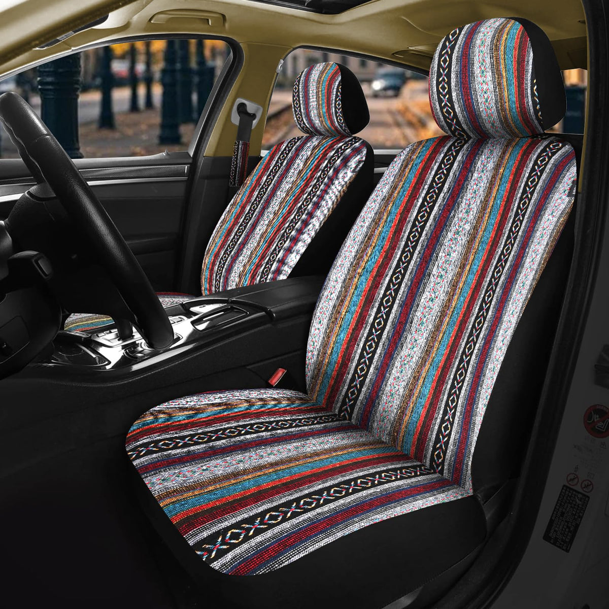 Nilight Car Seat Covers 2PCS Red Stripes Baja Saddle Blanket with Shoulder Pads Breathable Washable Striped Woven Airbag Compatible Universal for Cars SUV Truck Front Seat - Rojo - Multicolor