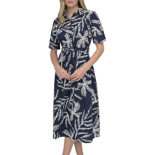 DKNY - Vestido Midi de Manga Larga para Mujer, Cuello Anudado, Cintura y cinturón