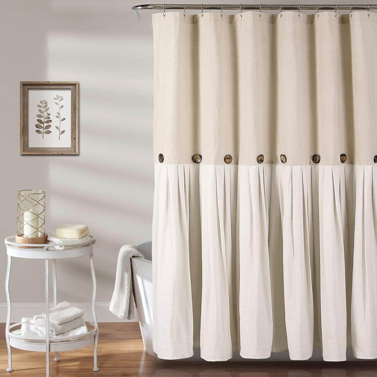 Lush Decor Cortina de Ducha con Botones de Lino, Plisada, diseño de Dos Tonos para baño, 72 Pulgadas de Ancho x 78 Pulgadas de Largo, Lino - Lino (MU99479)