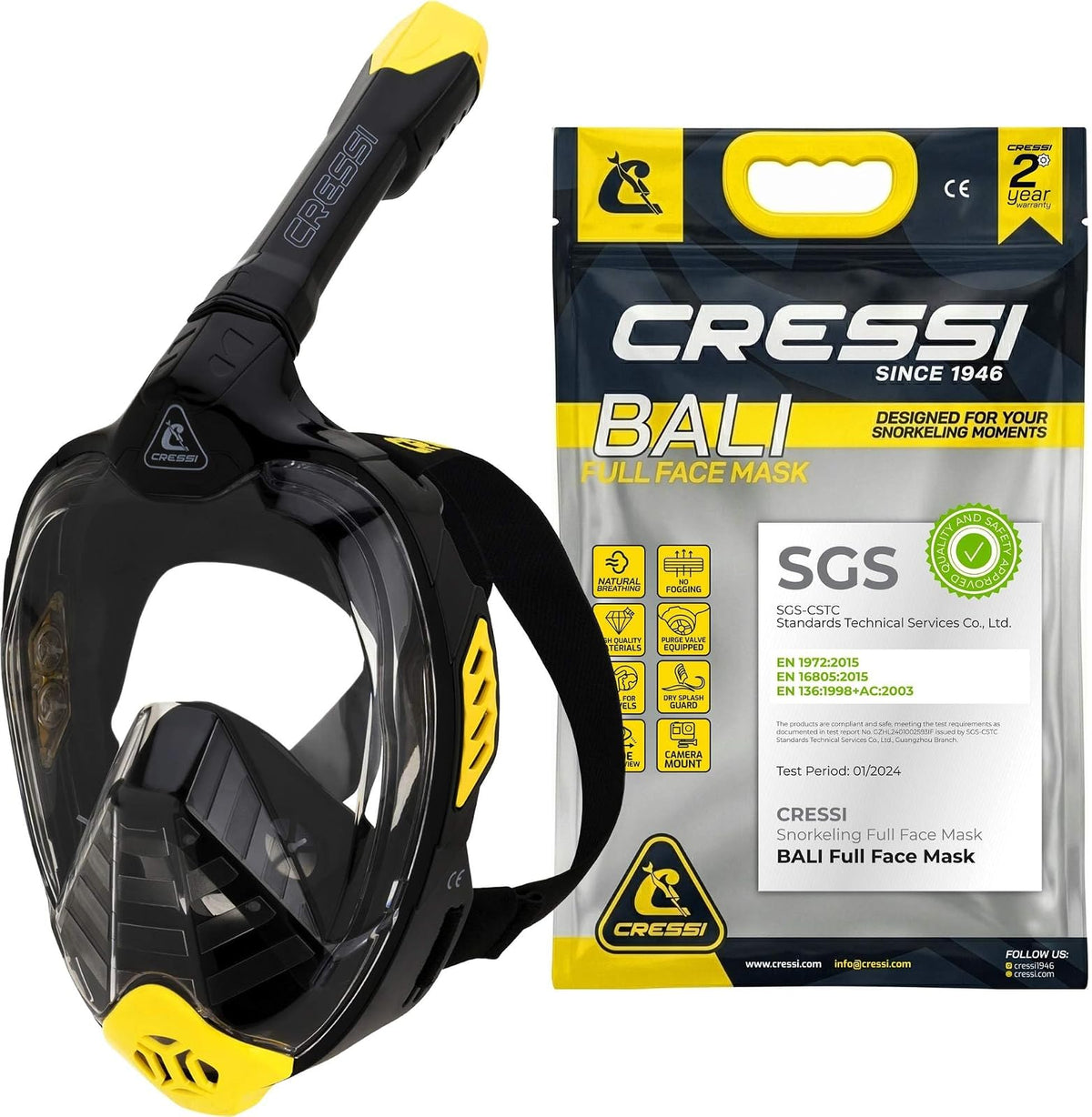 Cressi Adult Snorkeling Full Face Mask - Wide Clear View, Anti-Fog System - Easy Breathing: Safety First - Bali: Designed in Italy - L-XL - Negro - Amarillo