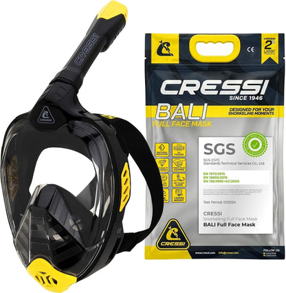 Cressi Adult Snorkeling Full Face Mask - Wide Clear View, Anti-Fog System - Easy Breathing: Safety First - Bali: Designed in Italy - L-XL - Negro - Amarillo