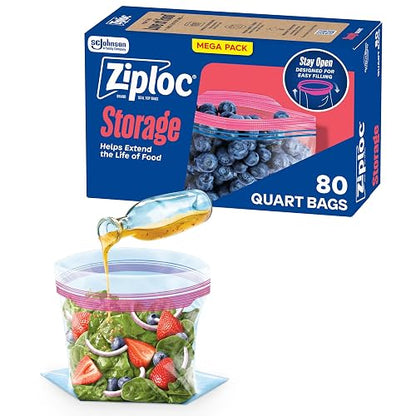 Ziploc Bolsas de Almacenamiento Reutilizables de 1 Quart, Tecnología Grip 'n Seal, Doble Cremallera, Transparente, Plástico, Extrusión o Soplado, 80 Piezas