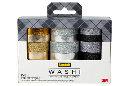 3M Scotch Cinta Washi Decorativa, 15 Rollos - Metálico
